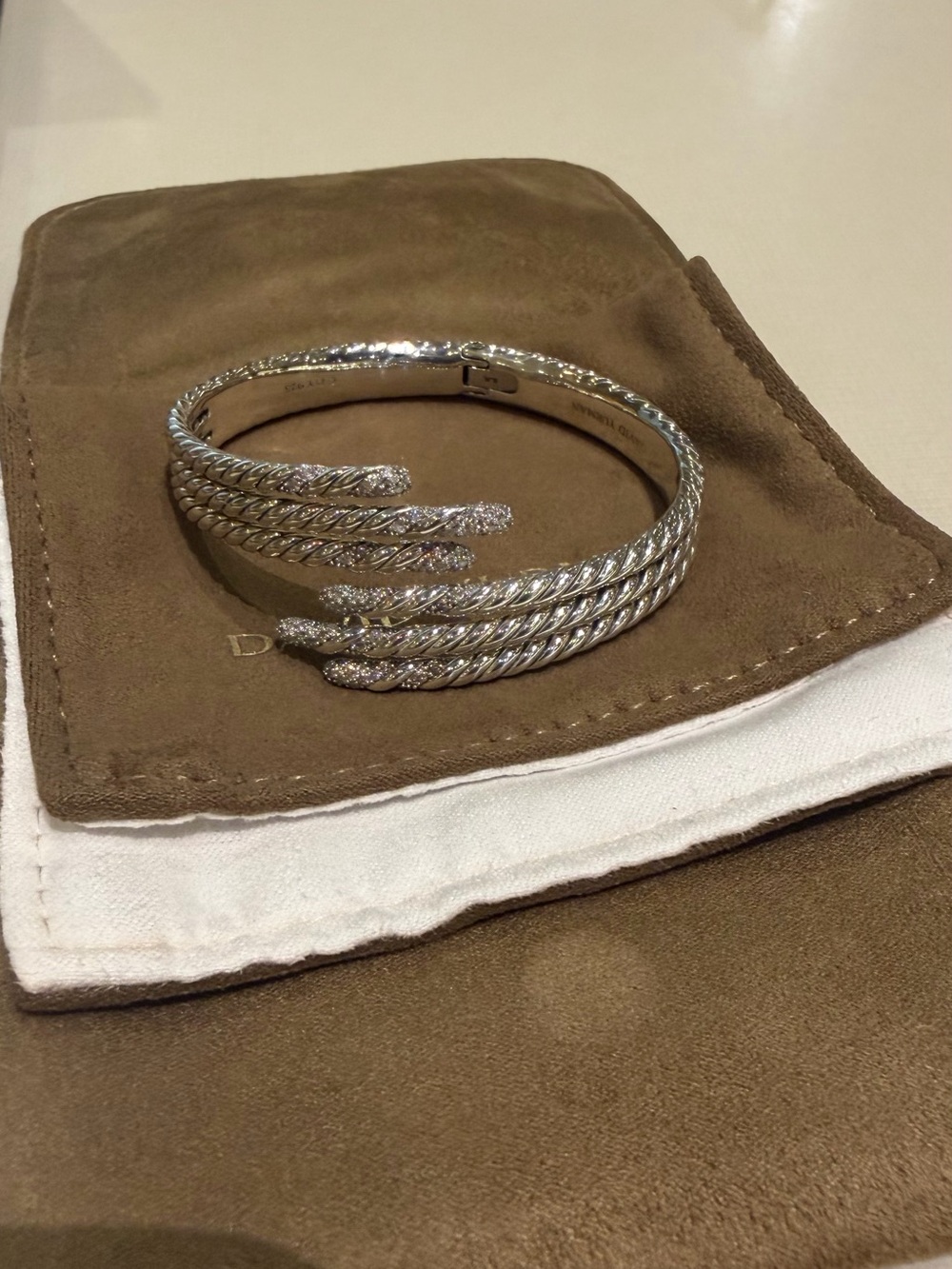 David Yurman Silver Twisted Cable Double-Row Cuff with Pave Ends